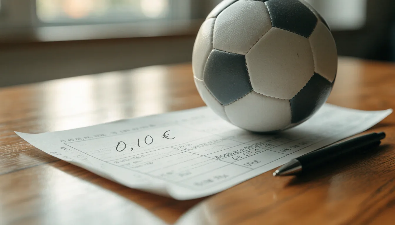 Uma bola de futebol pousada sobre um talão de apostas em branco numa mesa de madeira, à luz do dia