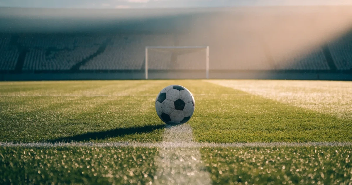 Uma bola de futebol no ponto central de um relvado, à luz da manhã