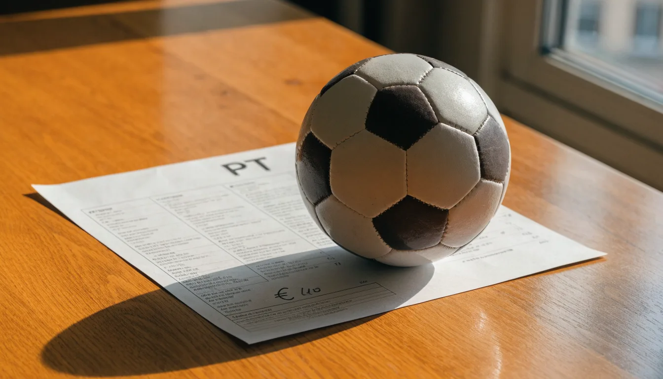 Uma bola de futebol pousada sobre um talão de apostas em branco numa mesa de madeira, à luz do dia