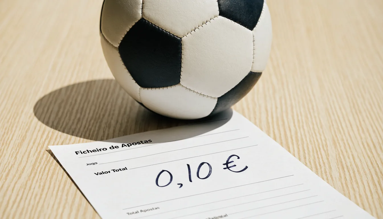 Uma bola de futebol pousada sobre um talão de apostas em branco numa mesa de madeira, à luz do dia