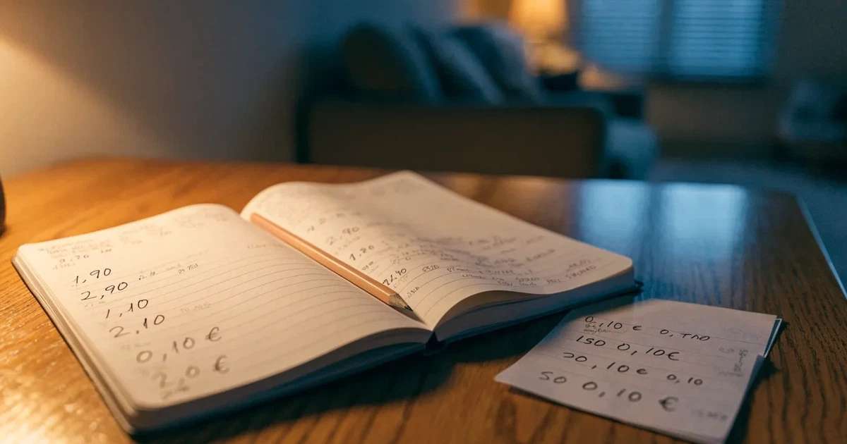 Um caderno aberto com cotas escritas à mão, uma calculadora e um lápis sobre uma mesa de madeira