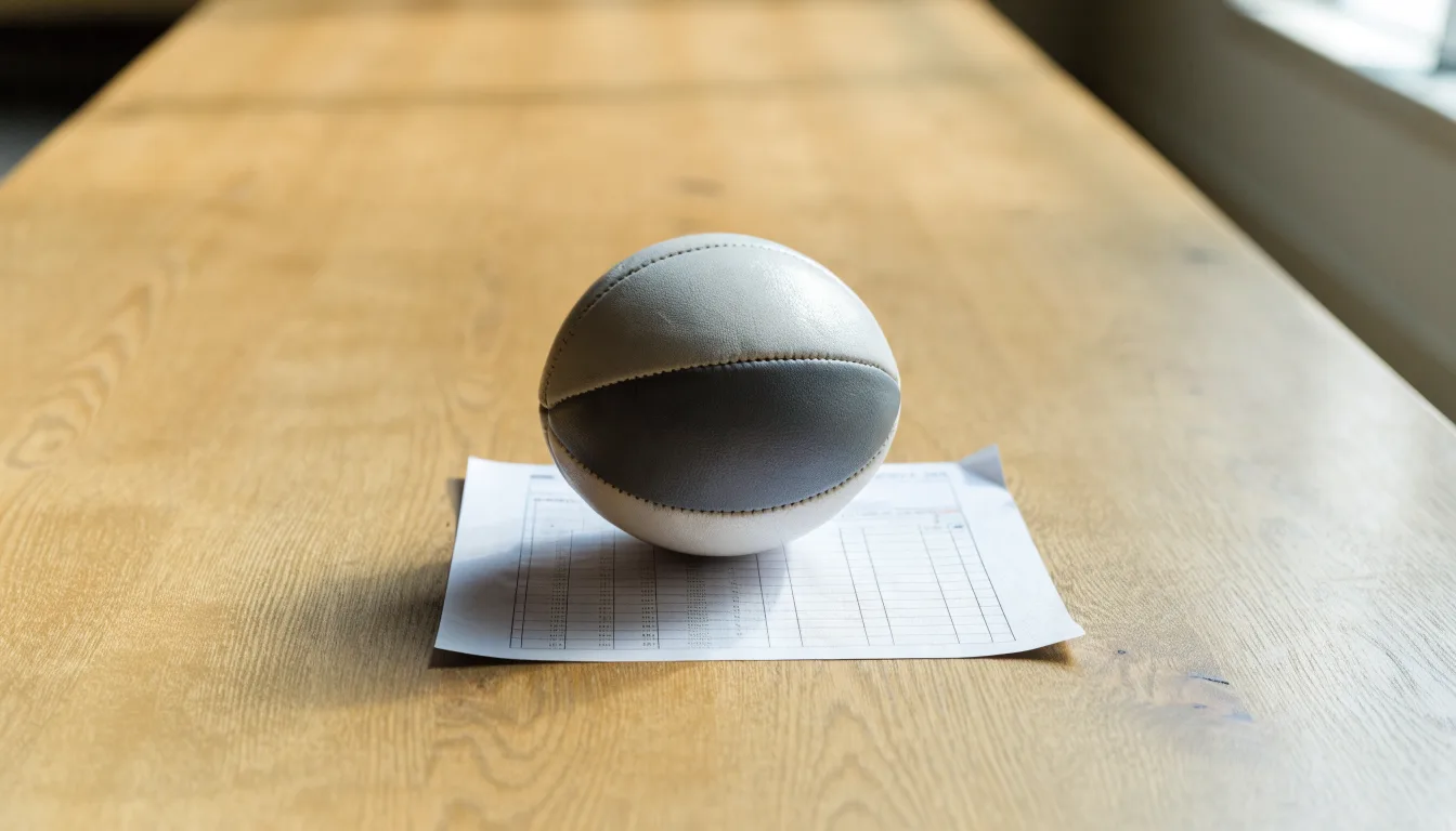 Uma bola de futebol pousada sobre um talão de apostas em branco numa mesa de madeira, à luz do dia