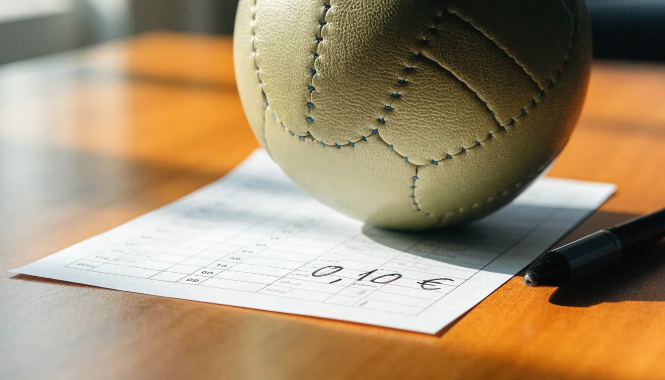 Uma bola de futebol pousada sobre um talão de apostas em branco numa mesa de madeira, à luz do dia