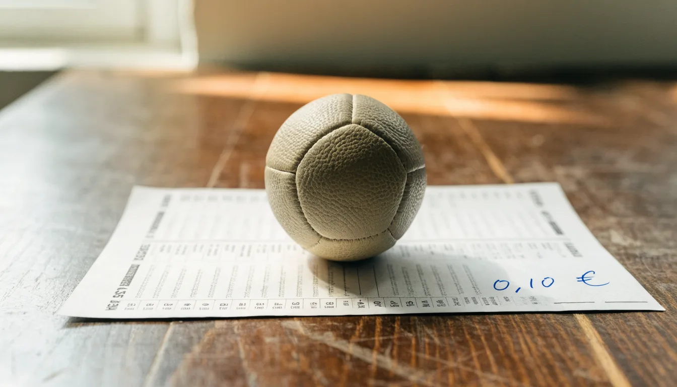 Uma bola de futebol pousada sobre um talão de apostas em branco numa mesa de madeira, à luz do dia