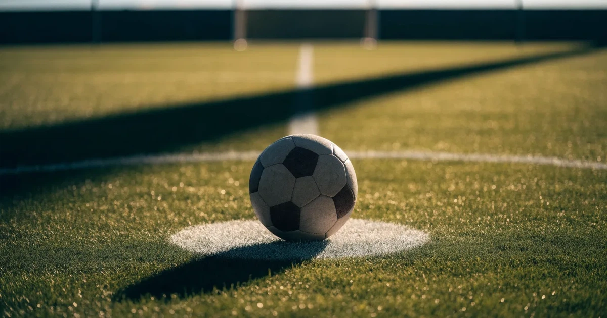 Uma bola de futebol no ponto central de um relvado, à luz da manhã