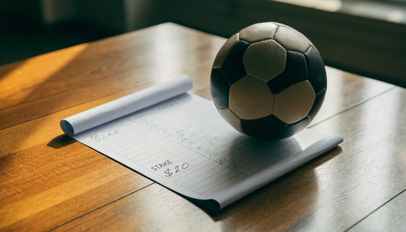 Uma bola de futebol pousada sobre um talão de apostas em branco numa mesa de madeira, à luz do dia
