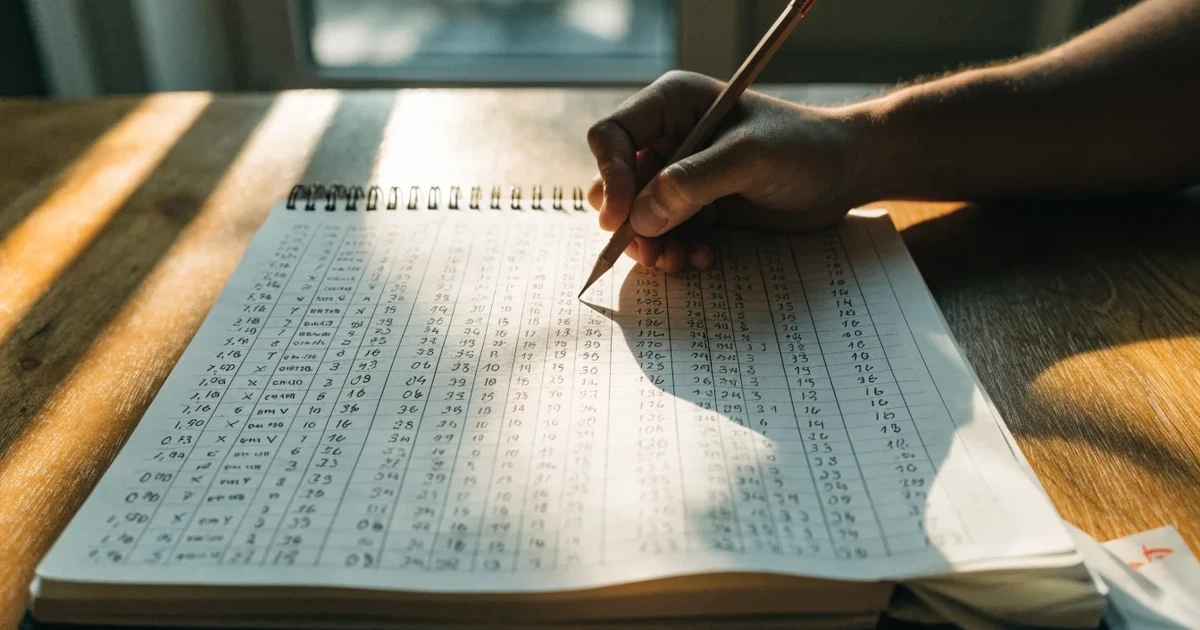 Um caderno aberto com cotas escritas à mão, uma calculadora e um lápis sobre uma mesa de madeira