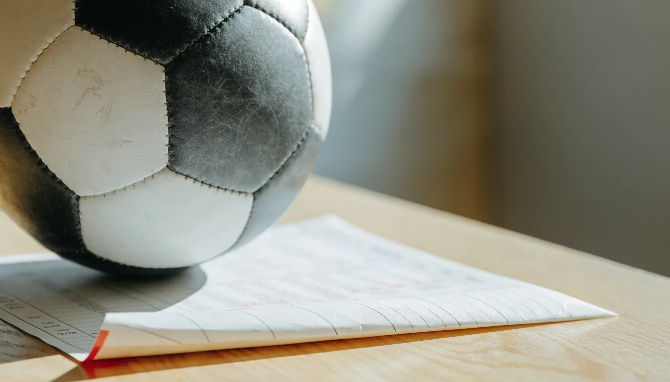 Uma bola de futebol pousada sobre um talão de apostas em branco numa mesa de madeira, à luz do dia