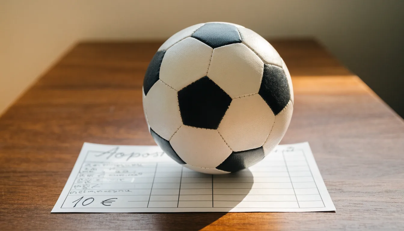 Uma bola de futebol pousada sobre um talão de apostas em branco numa mesa de madeira, à luz do dia