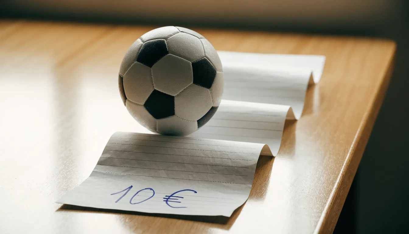 Uma bola de futebol pousada sobre um talão de apostas em branco numa mesa de madeira, à luz do dia